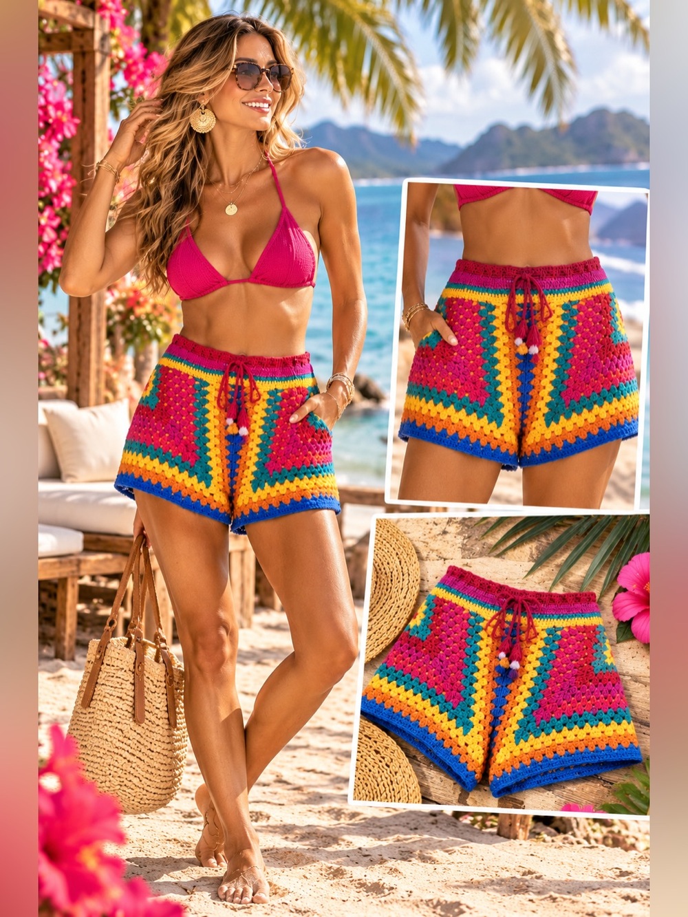 NWT FARM Rio Striped Scarf Crochet Shorts multi color size small
